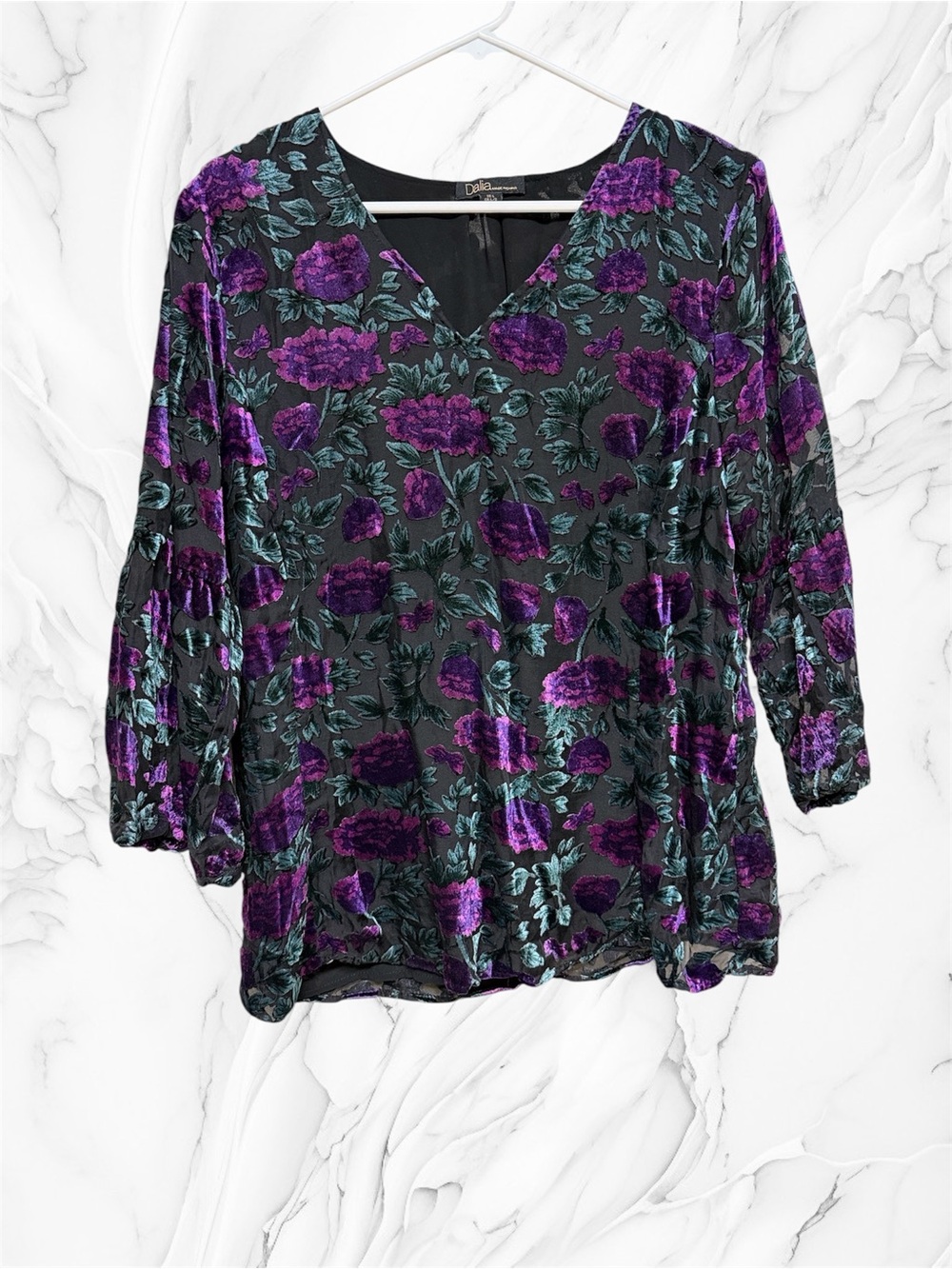 Dalia Collection Black Top with Purple Floral Burnout velvet Y2K large